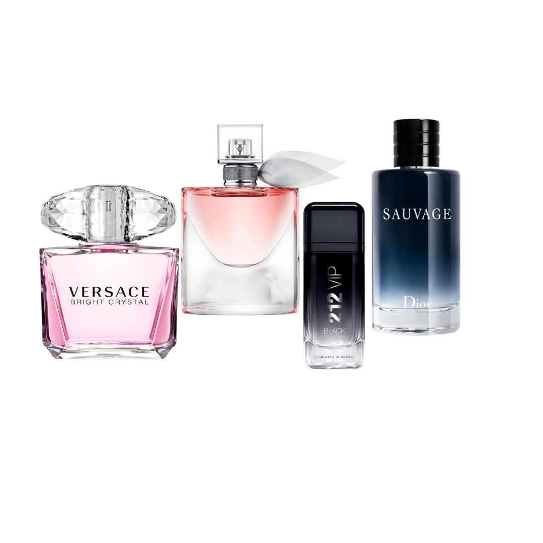 Combo Versace Bright Crystal + La Vie Est Belle + 212 VIP Black + Sauvage Dior – Un Universo Olfativo en un Solo Set
