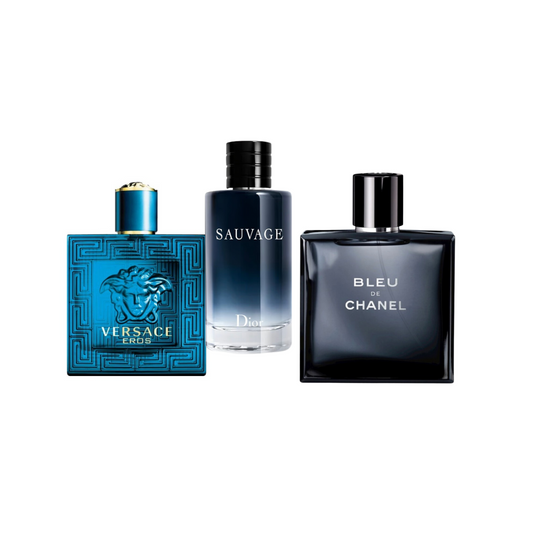 SET TRÍO DE LEYENDAS MASCULINAS: Versace Eros + Dior Sauvage + Bleu de Chanel